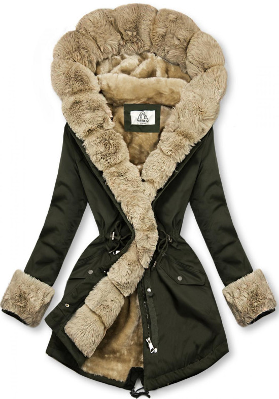 Khaki parka s kožušinovým lemom