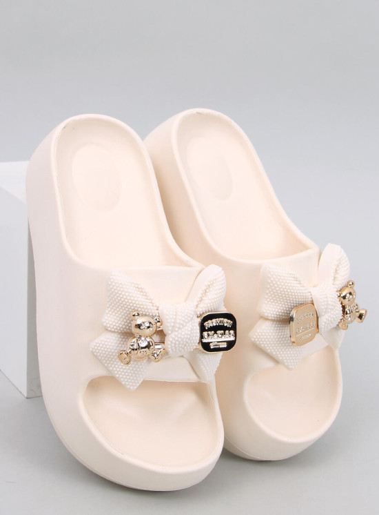 Biele dámske gumové šľapky s mašľou