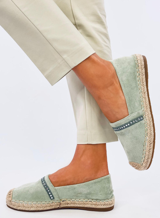 Pistáciové semišové espadrilky s kamienkami