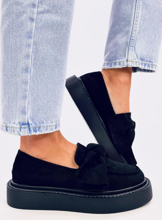 Čierne semišové mokasíny na platforme s mašľou