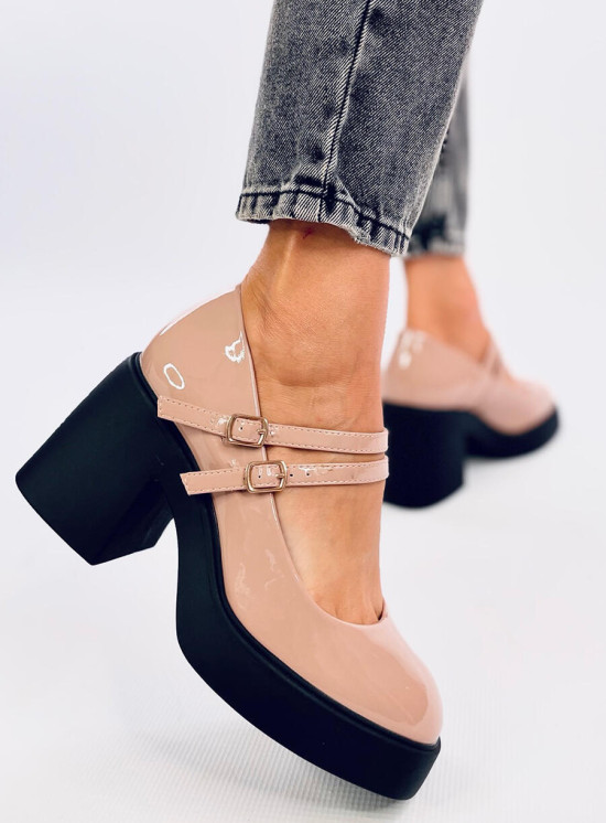 Lakované lodičky na hrubom podpätku béžové