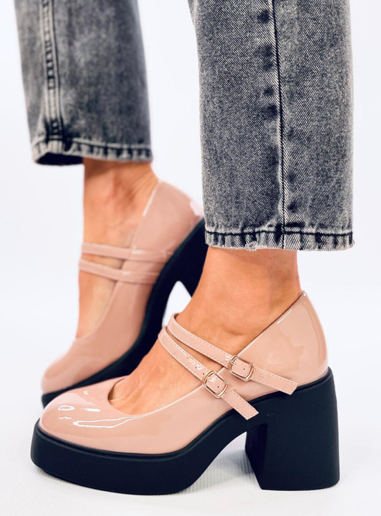 Lakované lodičky na hrubom podpätku béžové