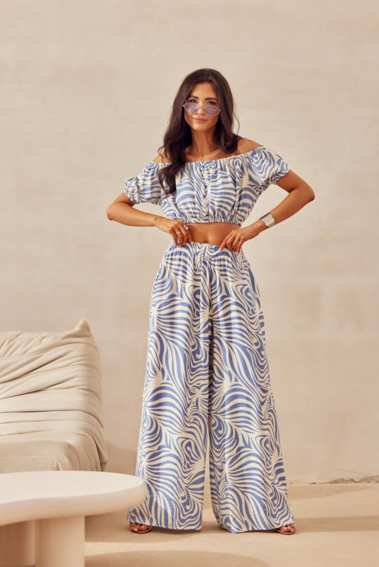 Modré wide leg nohavice s ľanom