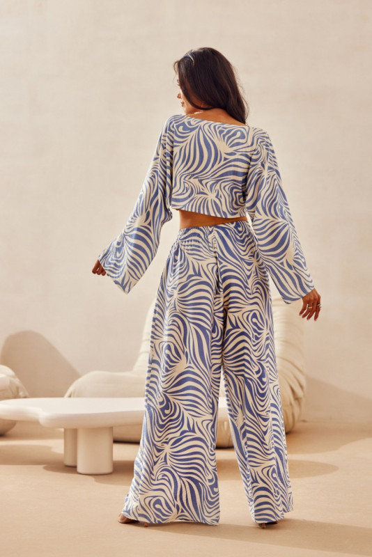Modré wide leg nohavice s ľanom