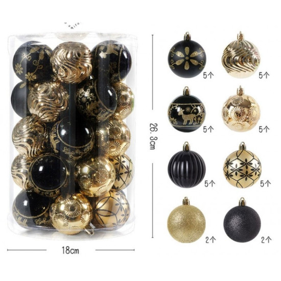 Ozdoby na stromček čierna/zlatá, 6 cm, 34 kusov