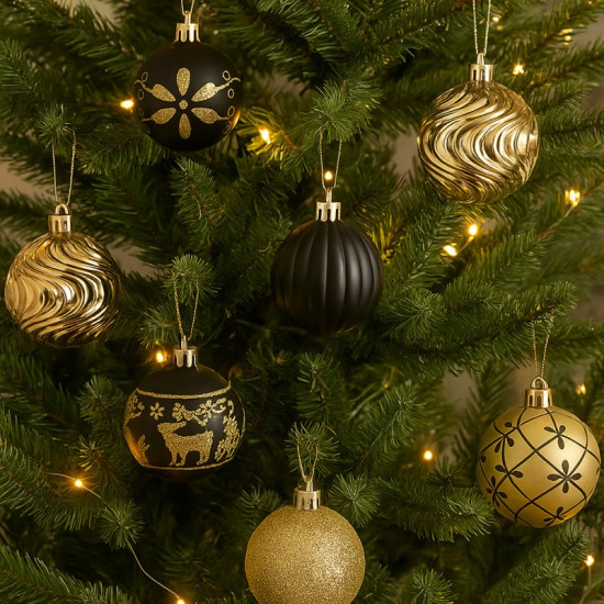Ozdoby na stromček čierna/zlatá, 6 cm, 34 kusov