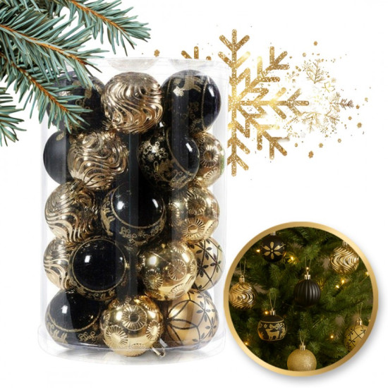 Ozdoby na stromček čierna/zlatá, 6 cm, 34 kusov