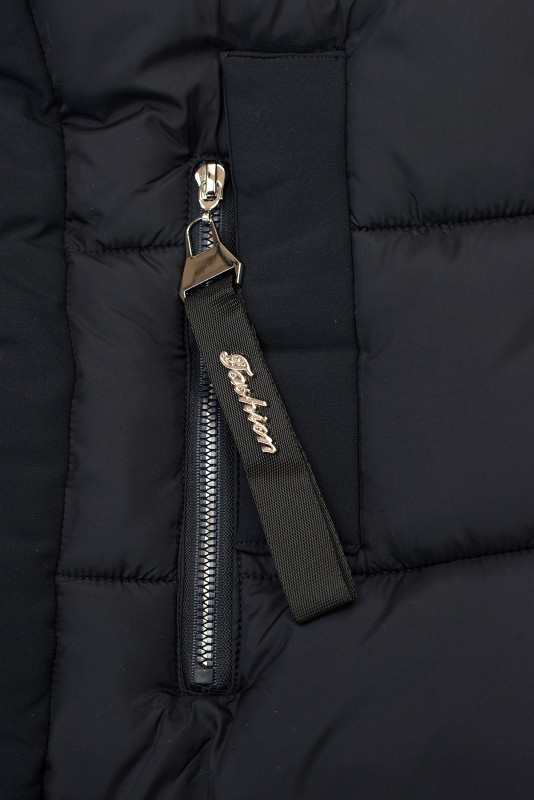 Tmavomodrá dlhá zimná bunda s kožušinou