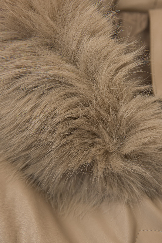 Zimný koženkový kabát s umelou kožušinou, béžový
