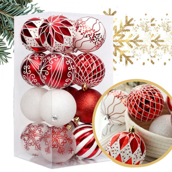 Ozdoby na stromček červená/biela, 8 cm, 16 kusov