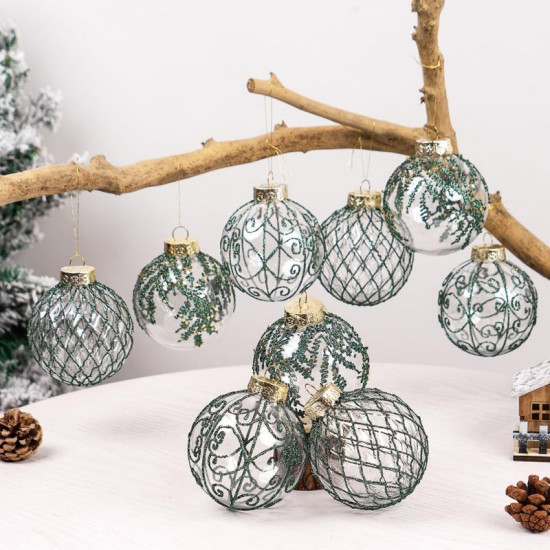 Ozdoby na stromček zelená/transparentná, 8 cm, 9 kusov