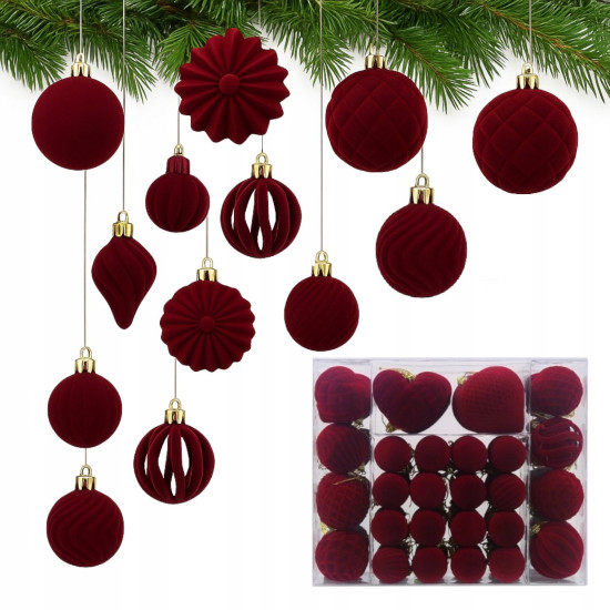 Ozdoby na stromček velúrové bordové, 48 kusov