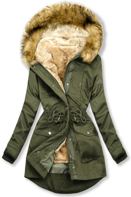 Khaki parka s odnímateľným futrom a kožušinou