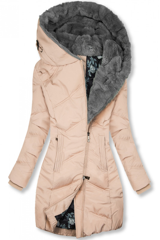 Púdrovo ružová zimná bunda s kvetinovou podšívkou