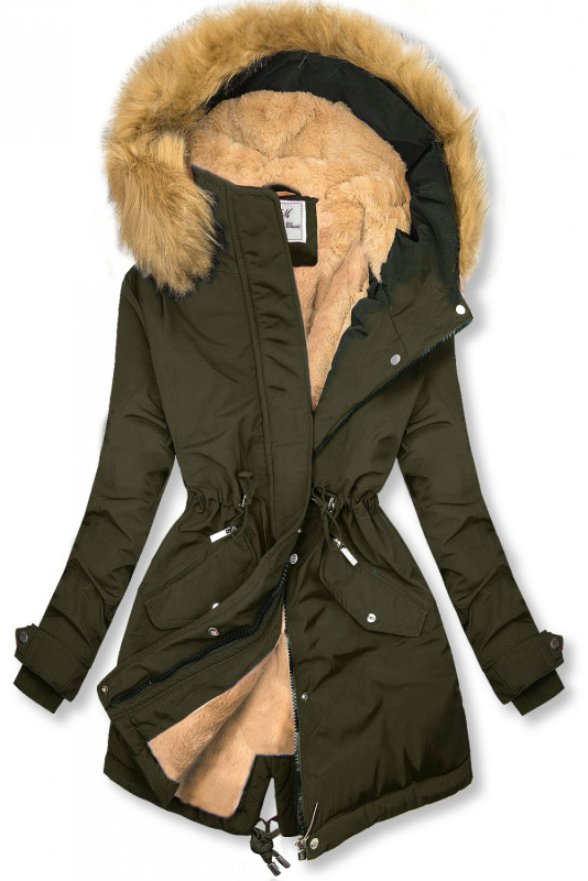 Khaki parka na zimu s béžovým futrom