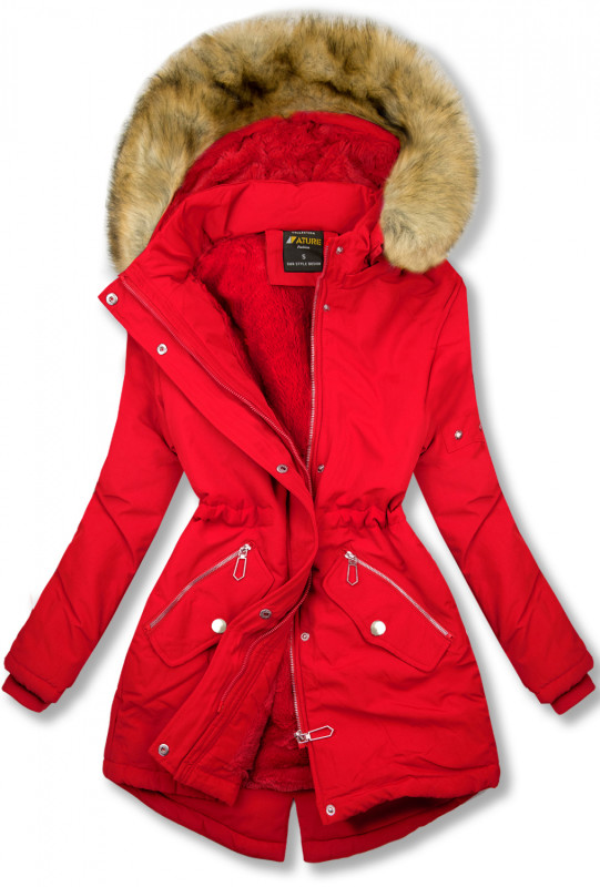 Červená zimná bunda s hnedou kožušinou
