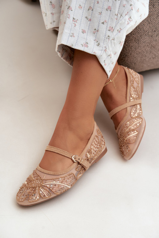 Sieťované baleríny s výšivkou a flitrami béžové