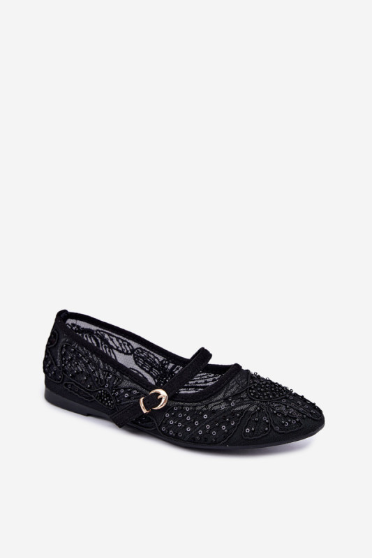 Čierne baleríny so sieťovinou, výšivkou a flitrami