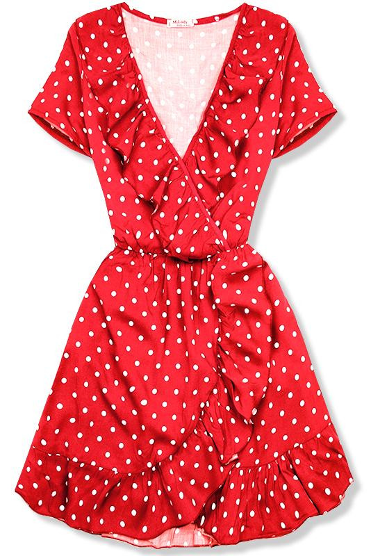 Červené bodkované šaty s volánmi