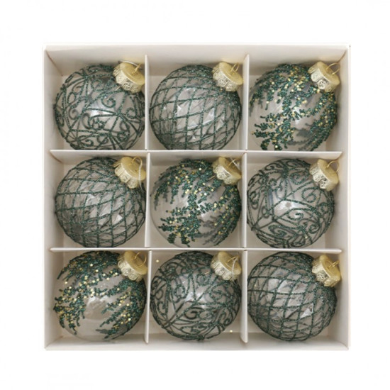 Ozdoby na stromček zelená/transparentná, 8 cm, 9 kusov