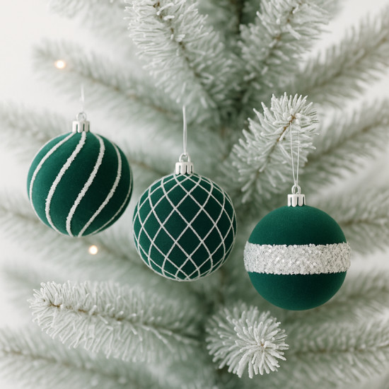 Zelené velúrové ozdoby na stromček, 8 cm, 9 kusov