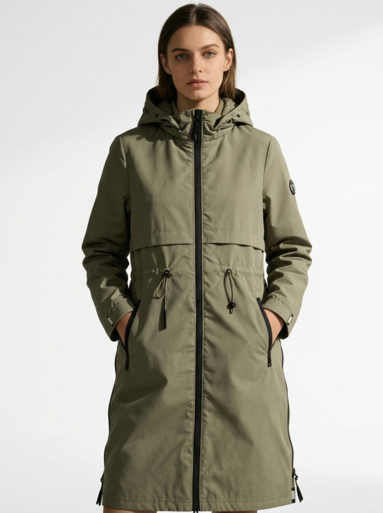 Olivovozelená prechodná parka so sťahovaním v páse