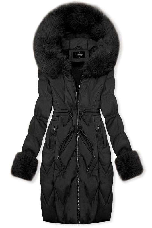 Zimný koženkový kabát s umelou kožušinou, čierny