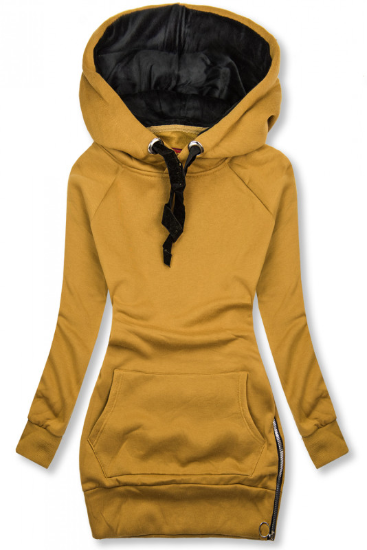 Mustard mikina so zamatovou kapucňou