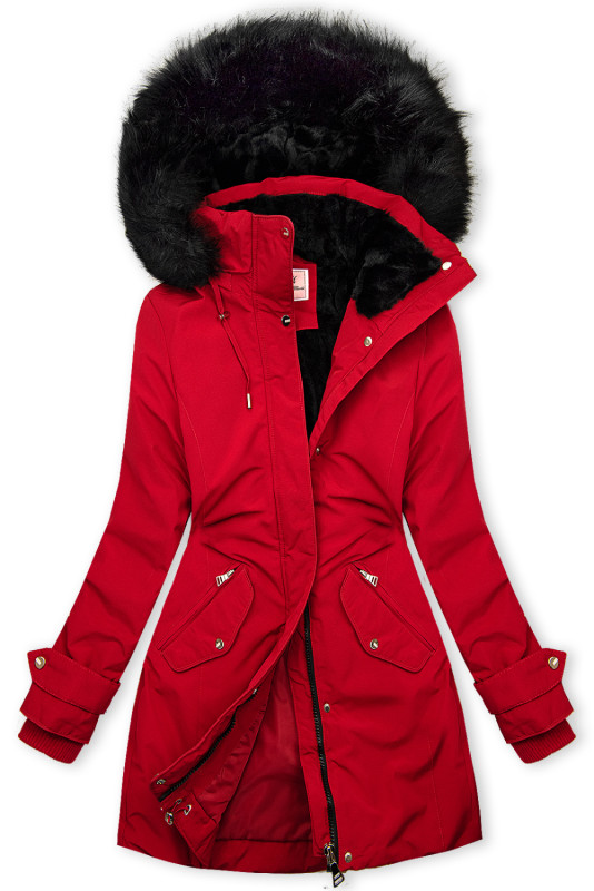 Predĺžená parka s kožušinou červená/čierna