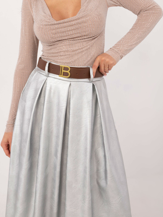 Elegantná strieborná midi sukňa