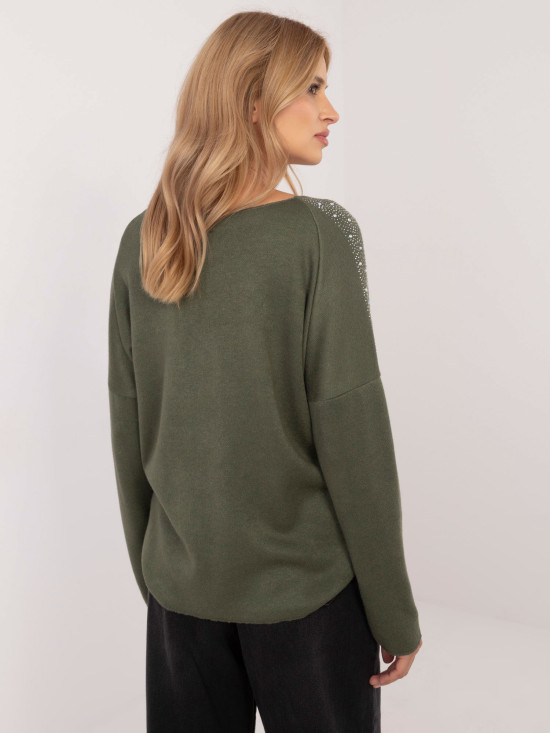 Elegantný khaki pulóver s aplikáciou