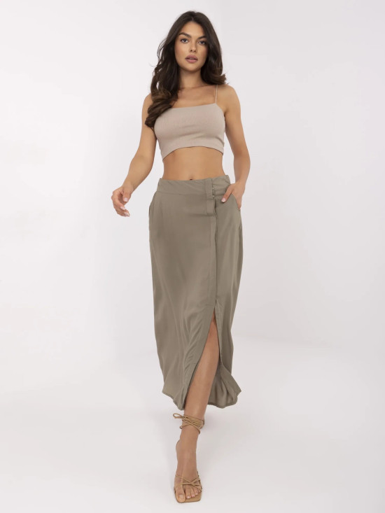 Elegantná midi sukňa v khaki