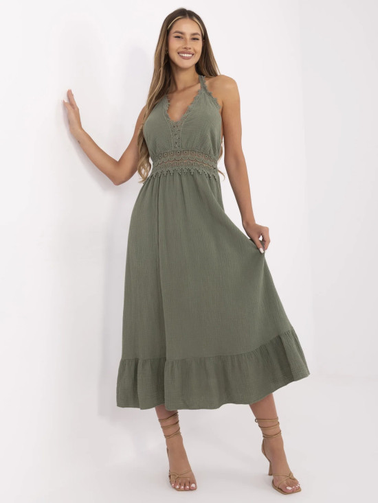 Boho šaty s volánmi v khaki farbe