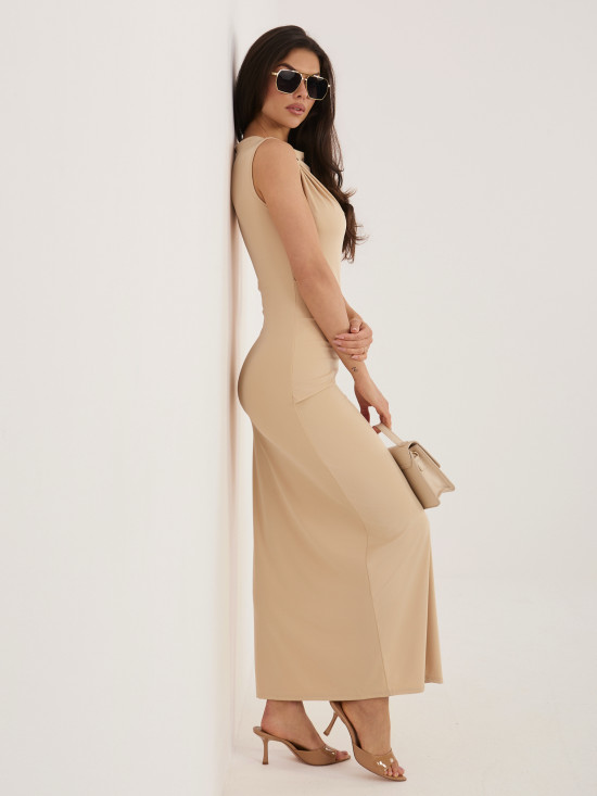 Béžové midi puzdrové šaty bez rukávov