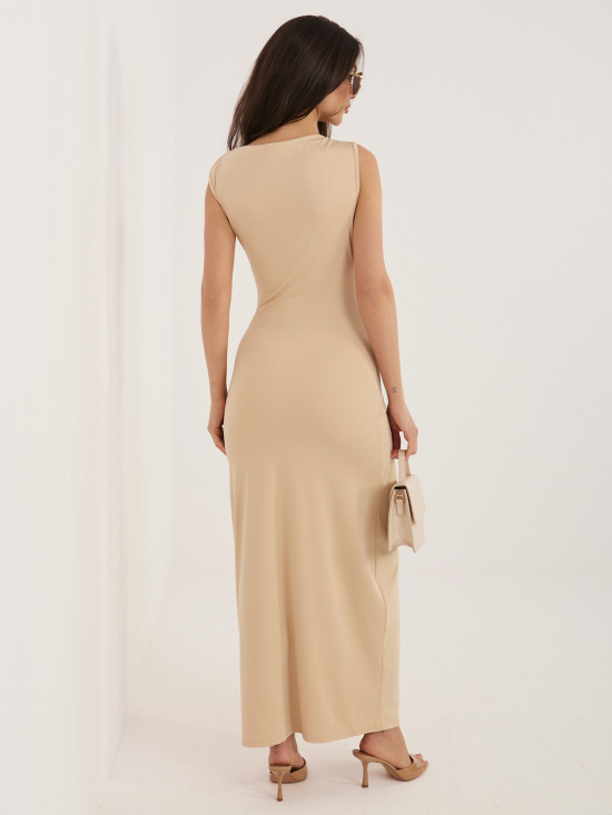 Béžové midi puzdrové šaty bez rukávov