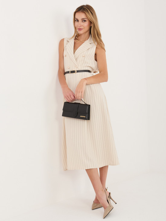 Béžové rozšírené midi šaty s pásikom a golierom