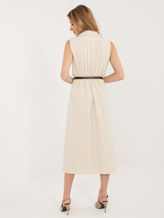 Béžové rozšírené midi šaty s pásikom a golierom