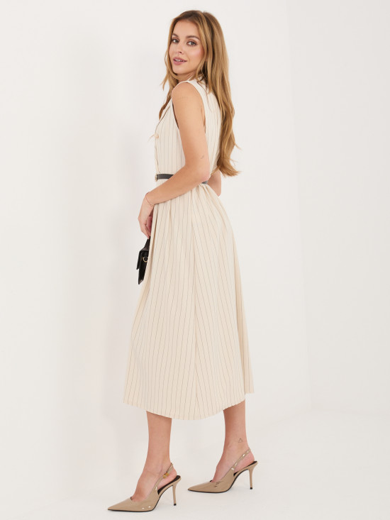 Béžové rozšírené midi šaty s pásikom a golierom