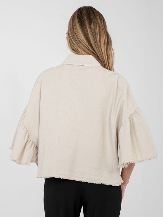 Béžová krátka džínsová bunda s volánom