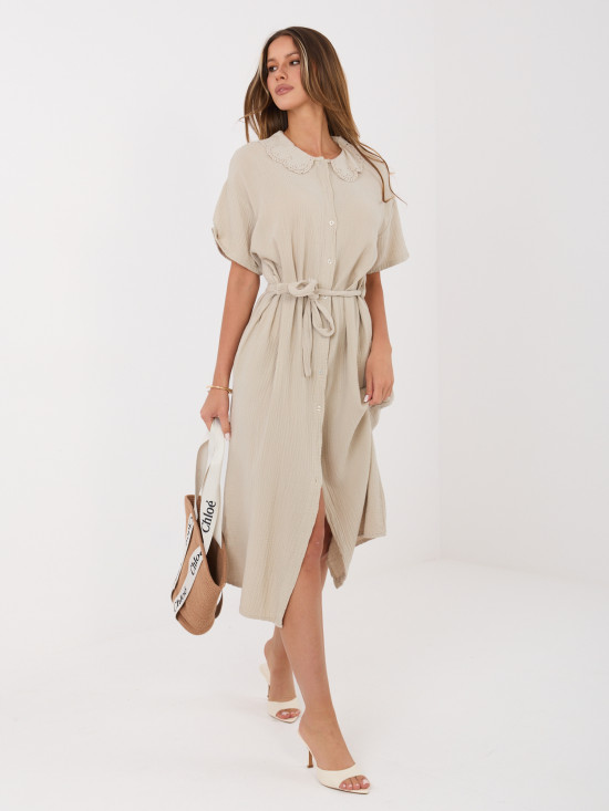 Béžové rozšírené midi šaty s opaskom a vreckami