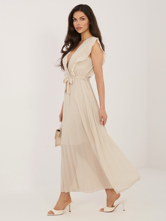 Béžové rozšírené midi šaty s opaskom