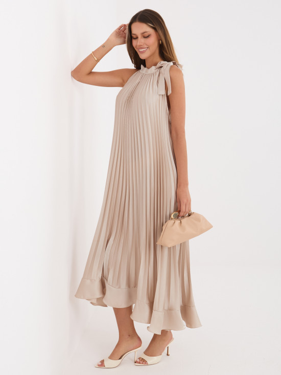 Béžové koktejlové midi šaty s viazaním a volánom