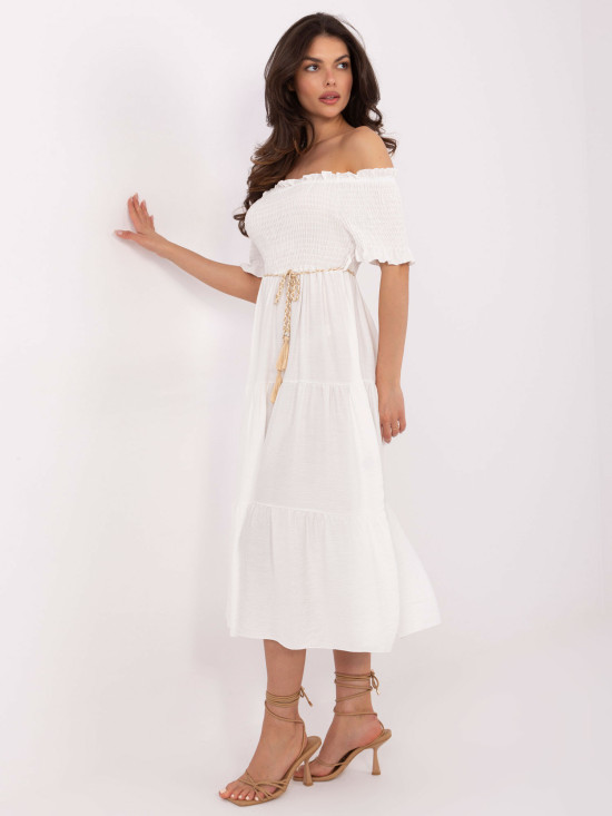Ecru letné midi šaty s off-shoulder strihom