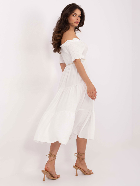 Ecru letné midi šaty s off-shoulder strihom
