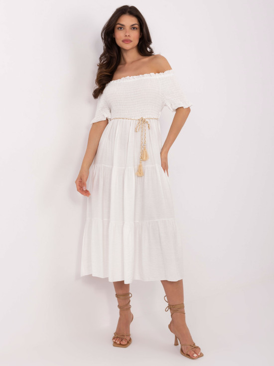Ecru letné midi šaty s off-shoulder strihom