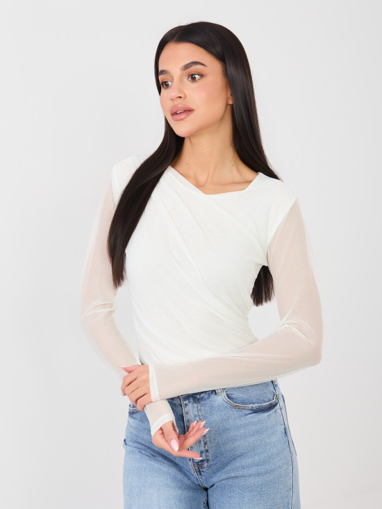Biele elegantné body s dlhým rukávom a okrúhlym výstrihom