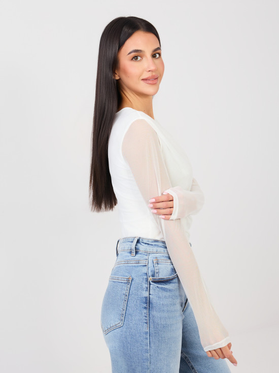 Biele elegantné body s dlhým rukávom a okrúhlym výstrihom
