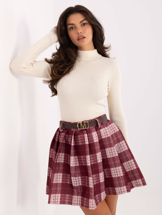 Bordová mini sukňa s károvaným vzorom a opaskom