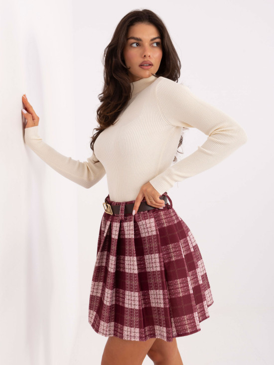 Bordová mini sukňa s károvaným vzorom a opaskom