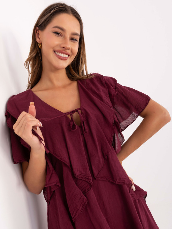 Oversize šaty s krátkym rukávom v bordovej farbe